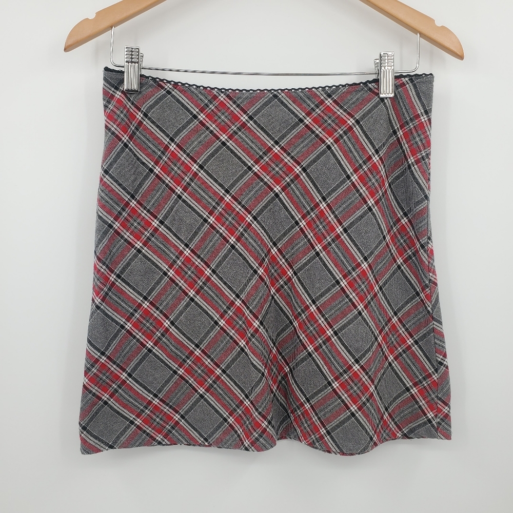 Vintage Powder Blu Plaid Mini Skirt Size Medium Gray with Red White Black